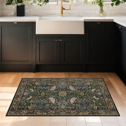Hazo Haus Washable Floral Rug - Vintage Dark Botanical Design | Small 2x3 Indoor Mat in Earthy Tones