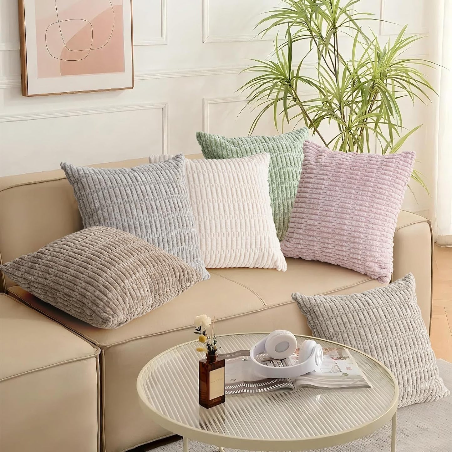 Skiennix Throw Pillow Covers - Soft Boho Striped Corduroy | 18x18 Inch, 2-Pack for Modern Home Decor