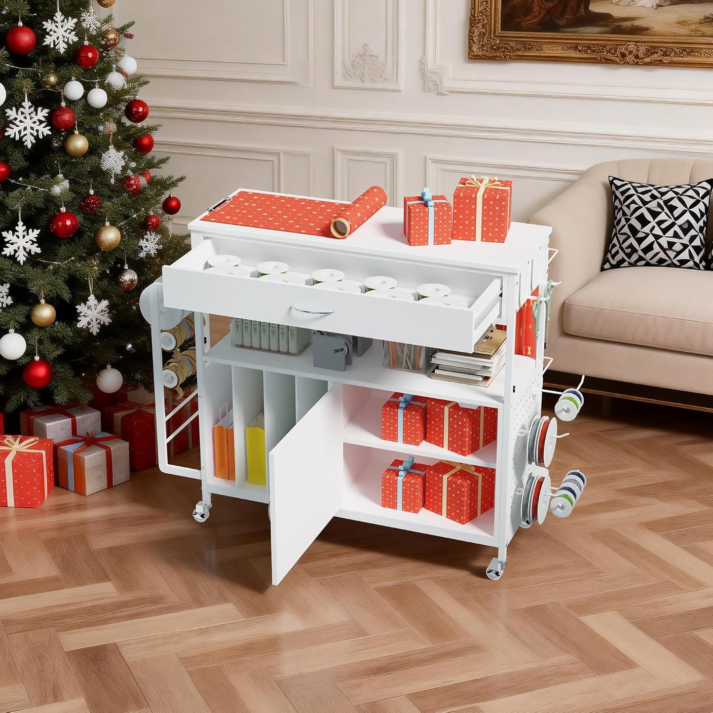 Skiennix Height-Adjustable Gift Wrapping Station - Rolling Cart with Paper Clamp & Storage | White