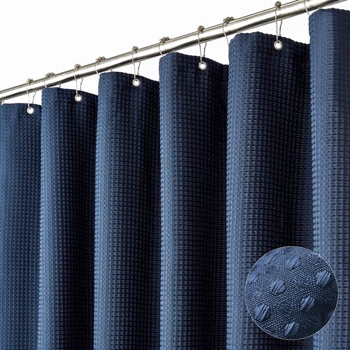 Dynamene Stall Fabric Shower Curtain - 54 inch Wide Waffle Weave Weighted Thick Cloth Shower Curtains for Bathroom, Heavy Duty Hotel Spa Luxury Bath Curtain Set with 10 Hooks, 54x72, Navy Blue