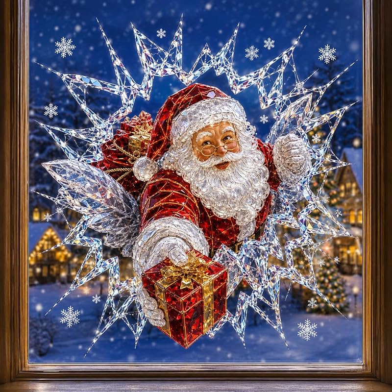 3D Effect Christmas Window Cling Santa - 19.7 x 15.7 Inch Glass Decor