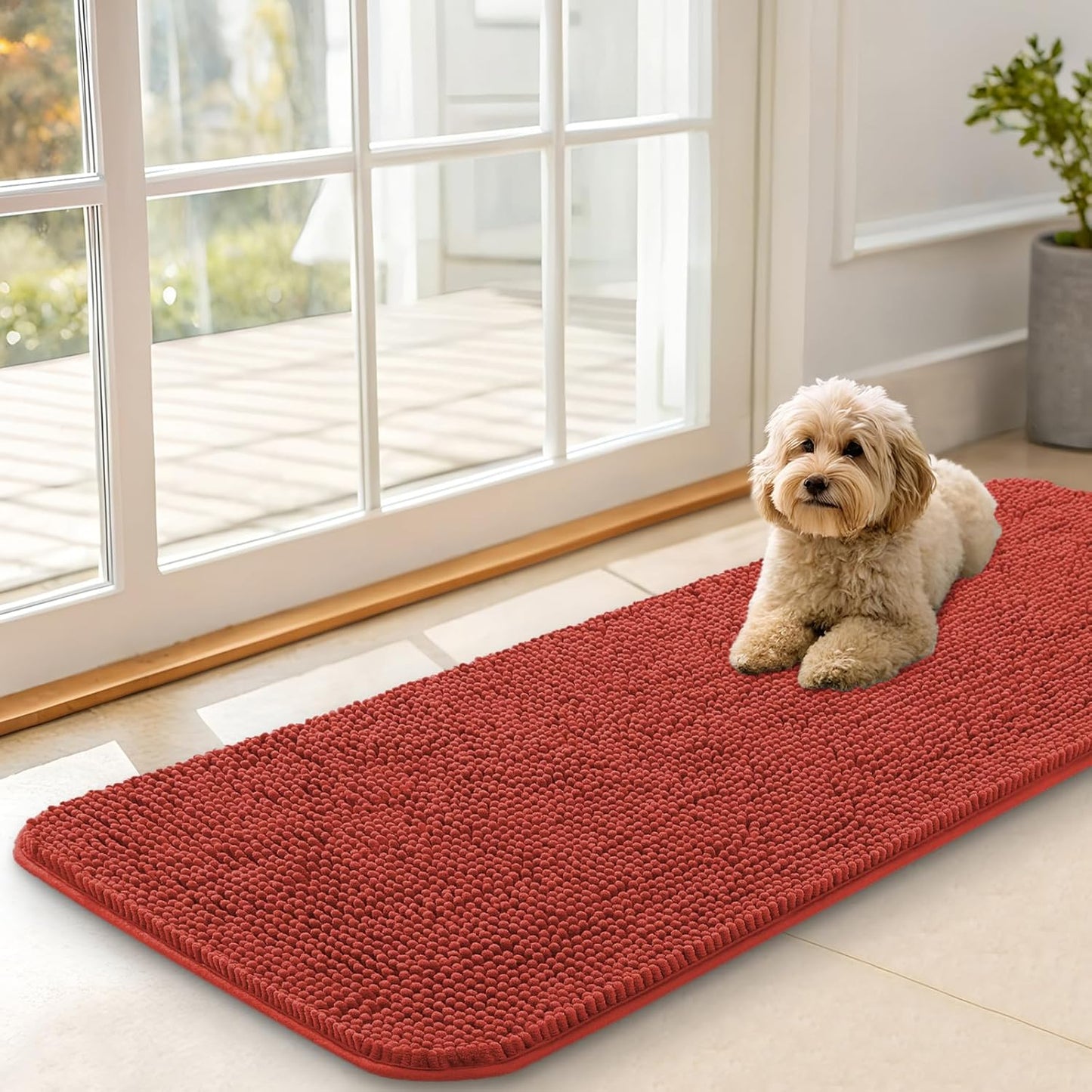 OLANLY Dog Door Mat - Absorbent Non-Slip Washable Doormat for Muddy Paws | 47x17, Maple Red
