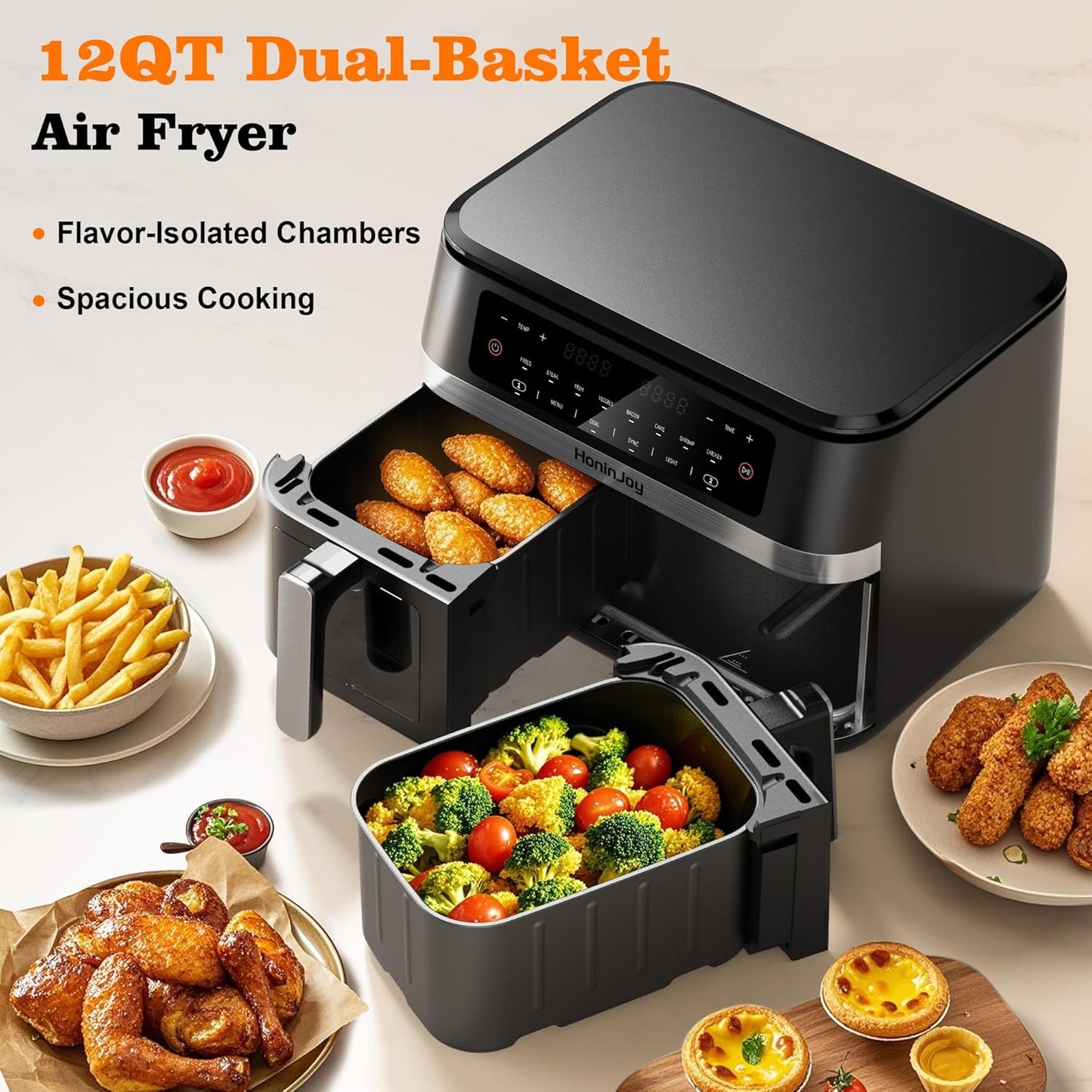 Skiennix 12QT Large Dual Basket Air Fryer - 10-in-1 Digital Touchscreen with Viewing Window & 50 Paper Liners
