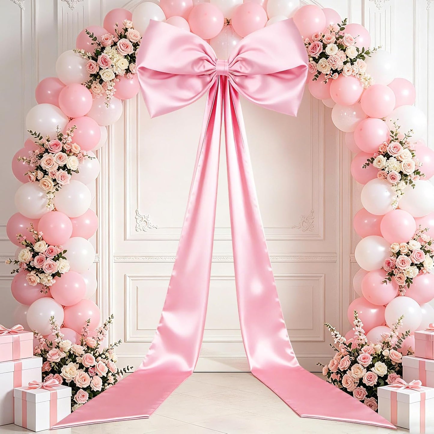 Skiennix 27" x 122" Giant Pink Bow - Satin Birthday Decoration with Long Streamers for Christmas Tree Topper