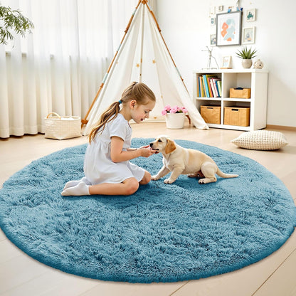 OLANLY Round Slate Blue Area Rug - Soft, Machine Washable 7 ft Circle Carpet for Bedroom & Living Room
