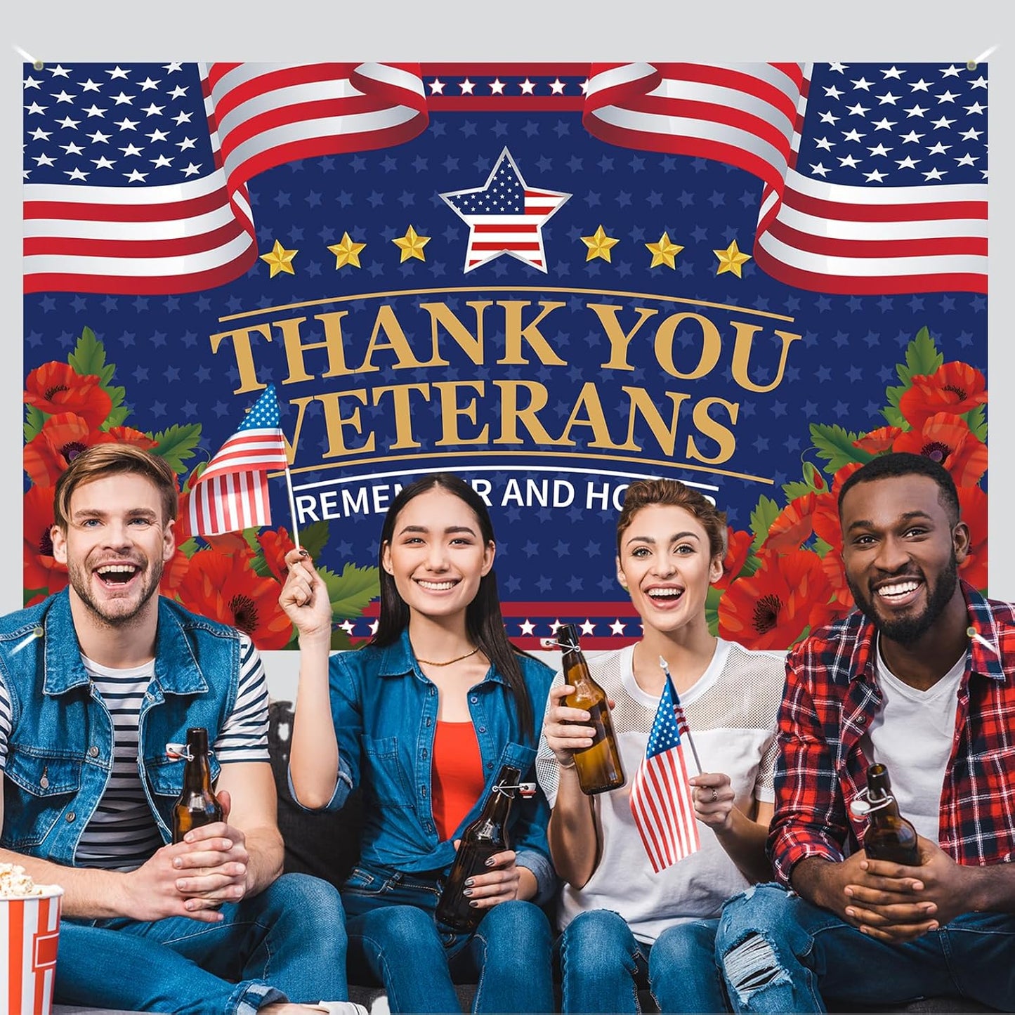 Veterans Day Decorations - Red Poppies Thank You Banner | Patriotic Fourth of July Backdrop