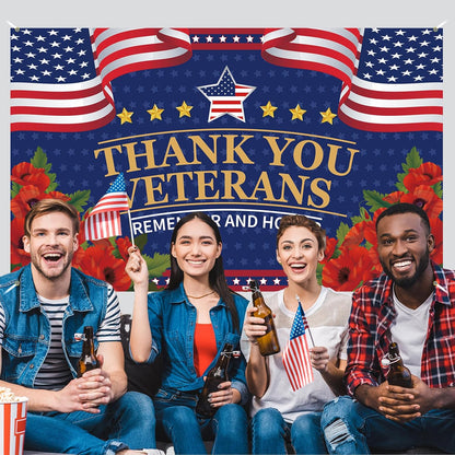 Veterans Day Decorations - Red Poppies Thank You Banner | Patriotic Fourth of July Backdrop