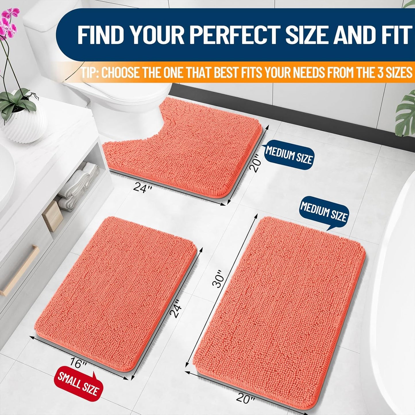 OLANLY Bath Rugs - Extra Soft Chenille, Quick-Dry, Machine Washable | 24x16 Coral Bathroom Mats