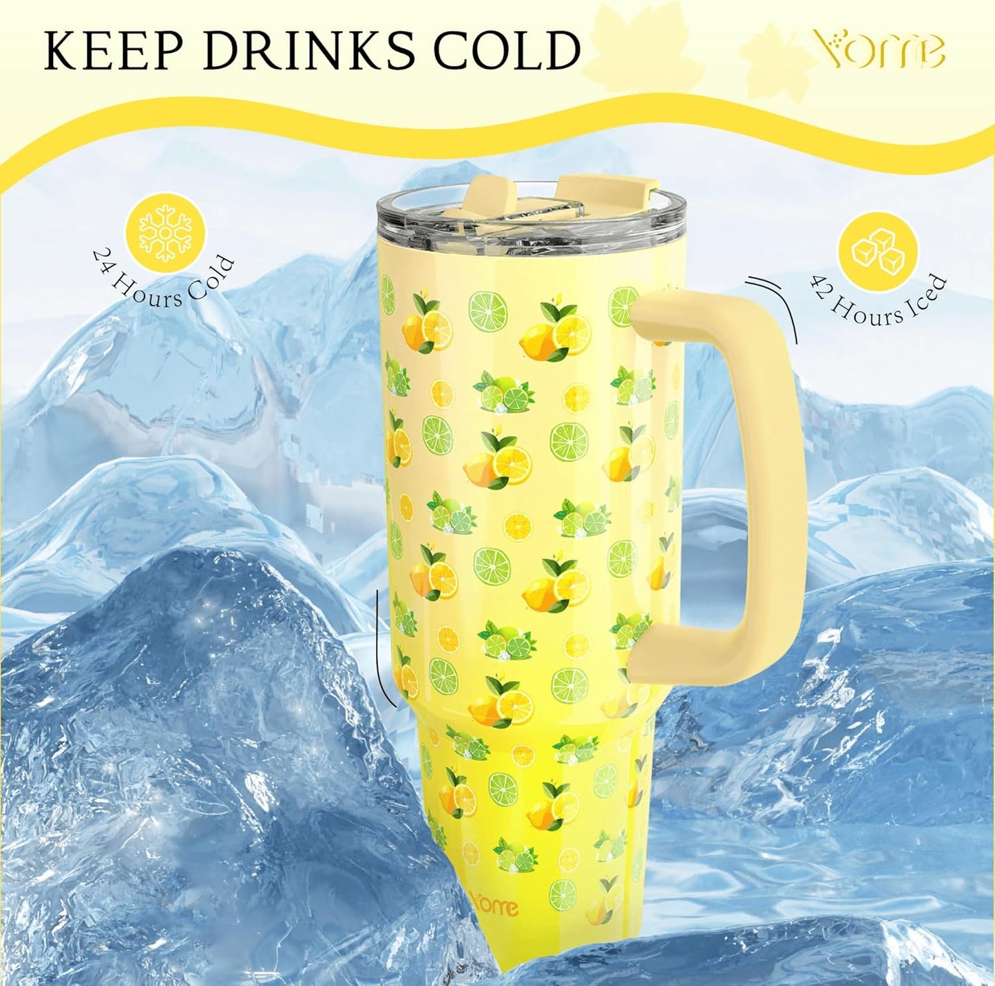 YOME 40 oz Lemon Yellow Tumbler - Insulated Stainless Steel Water Bottle with Handle & Flip Straw | Dishwasher Safe, Cupholder Friendly