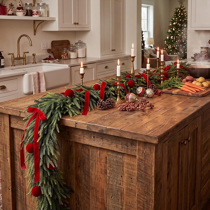 9ft Christmas Cedar Garland with Ornaments for Mantel & Fireplace — Realistic Artificial Norfolk Pine Cedar Garlands