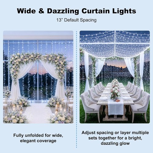 JMEXSUSS Curtain Lights - 900 LED White Indoor/Outdoor String Lights with Remote | 9.5x29.5ft for Decor