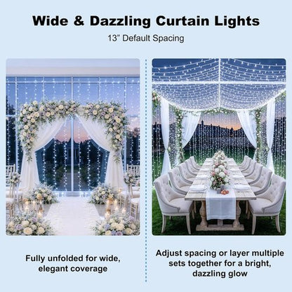 JMEXSUSS Curtain Lights - 900 LED White Indoor/Outdoor String Lights with Remote | 9.5x29.5ft for Decor