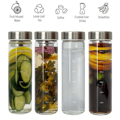 ameiin 23oz Borosilicate Glass Water Bottles with Stainless Steel Lid - Cold Brew Bottle - Tea Infuser Bottle with Strainer - Glass Tea Tumbler