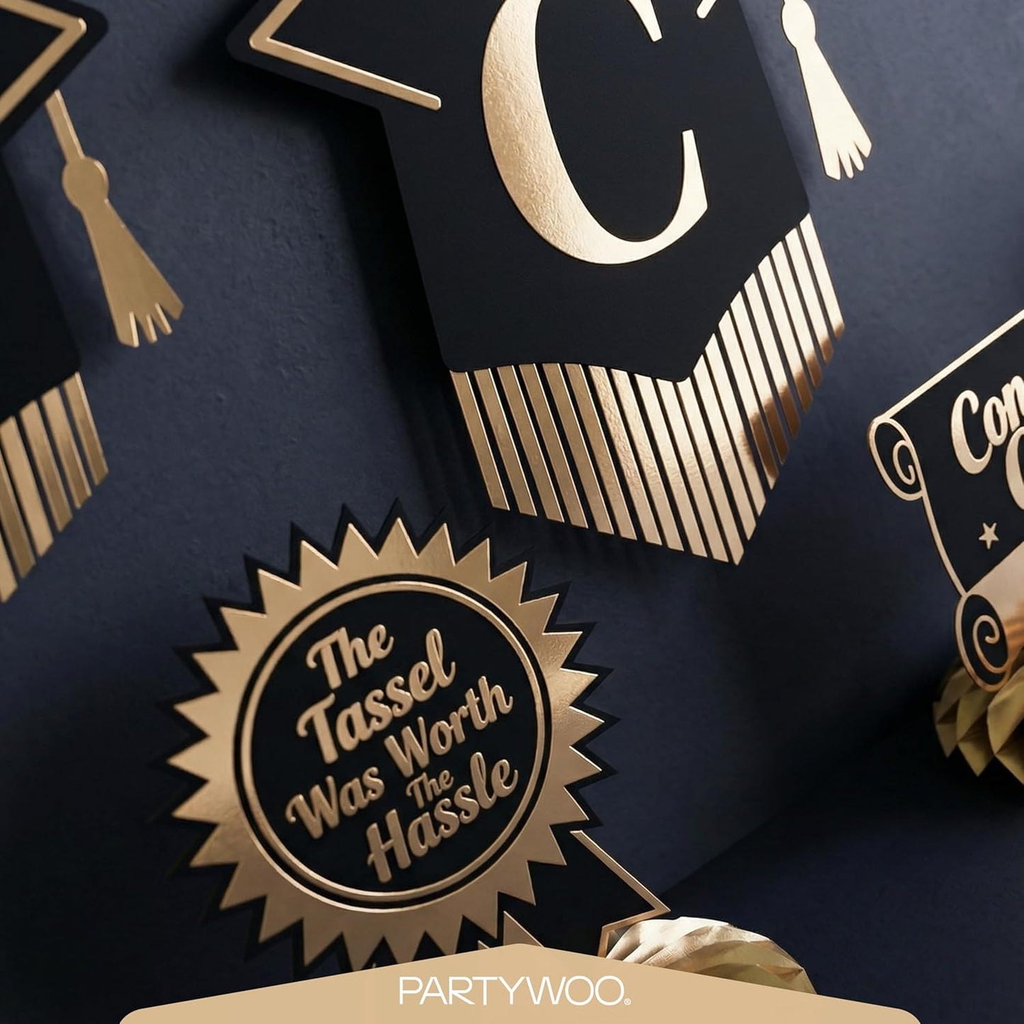 PartyWoo Graduation Decorations - Class of 2026 Black & Gold 19-Piece Set with Banner & Balloons