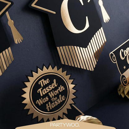 PartyWoo Graduation Decorations - Class of 2026 Black & Gold 19-Piece Set with Banner & Balloons