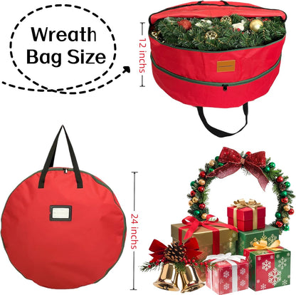 Skiennix Wreath Storage Container - Heavy Duty 600D Oxford Cloth, 24x12 Inch Red Double Bag for Holiday Wreaths