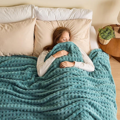 Newcosplay 3D Waffle Checkered Flannel Queen Blanket - Light Teal 90x90