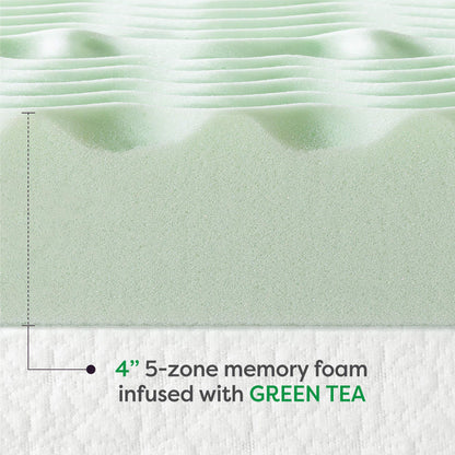 Mellow 4 Inch 5-Zone Memory Foam Mattress Topper, Calming Green Tea Infusion, Short Queen