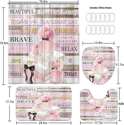 AZHM Shower Curtain Set - Pink Floral Design with Inspirational Quotes | 4-Piece Bathroom Decor