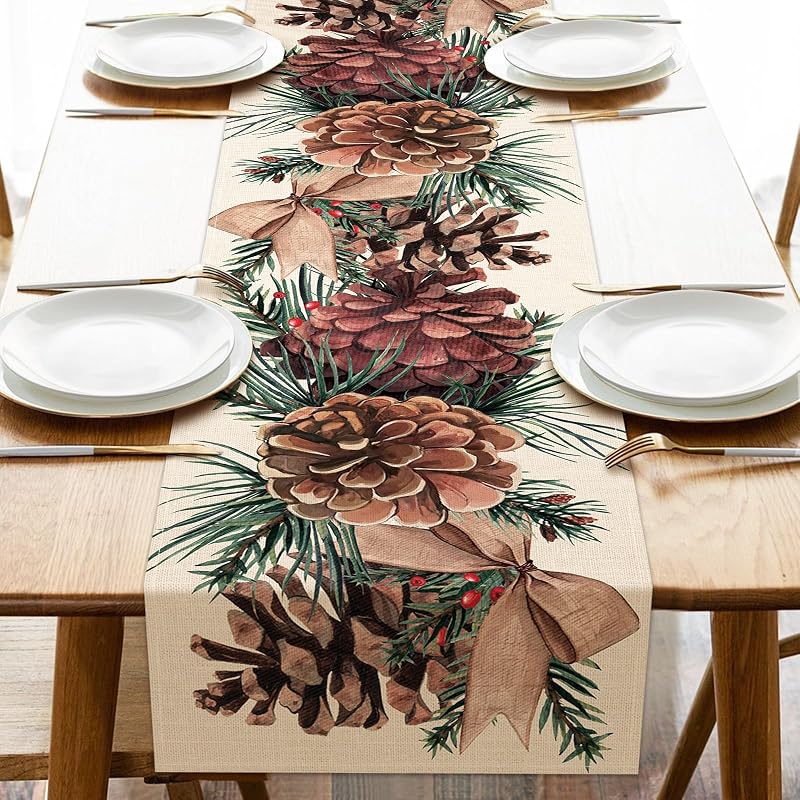 Winter Pine Cone Table Runner 13"x108" with Pine Needle, Red Berry & Bow - Seliem (Variation: Winter-pine Cone+Table Runner 13''X108'')