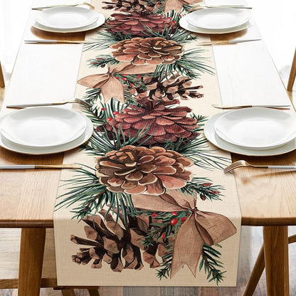 Winter Pine Cone Table Runner 13"x108" with Pine Needle, Red Berry & Bow - Seliem (Variation: Winter-pine Cone+Table Runner 13''X108'')