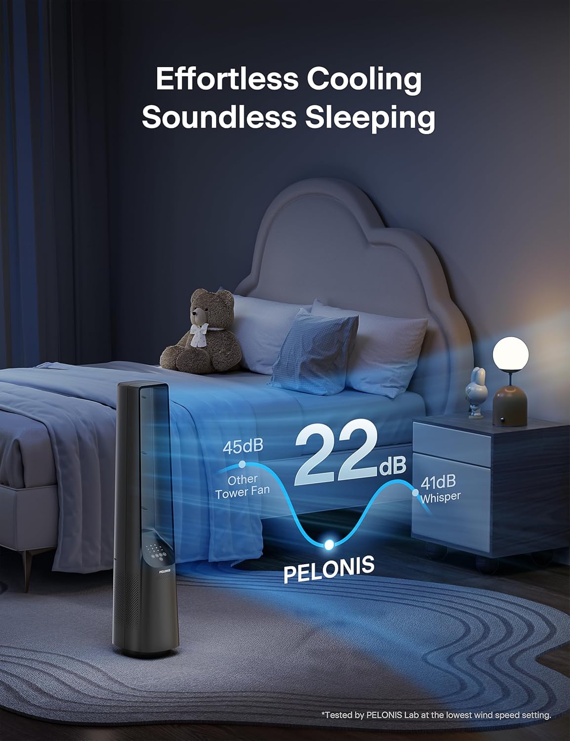 Pelonis Bladeless Tower Fan - Ultra-Quiet 22 dB, 6 Speeds, Remote Control, 90° Oscillation, 7-Hour Timer
