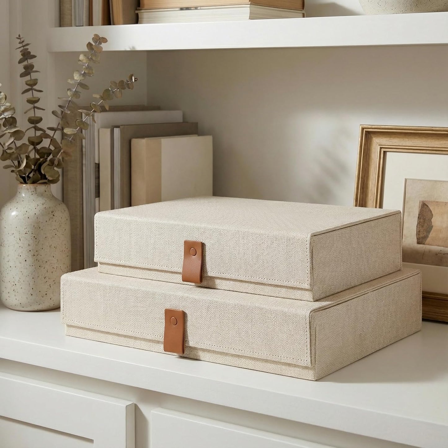 Skiennix Decorative Photo Storage Boxes - Set of 2 Stylish Linen Organizers for Pictures & Keepsakes