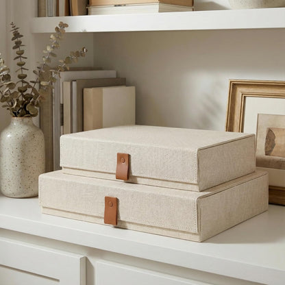 Skiennix Decorative Photo Storage Boxes - Set of 2 Stylish Linen Organizers for Pictures & Keepsakes