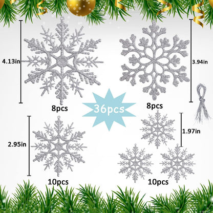 Skiennix Silver Snowflake Ornaments - 36 Pack Glittery Plastic Decorations for Winter & Christmas Trees