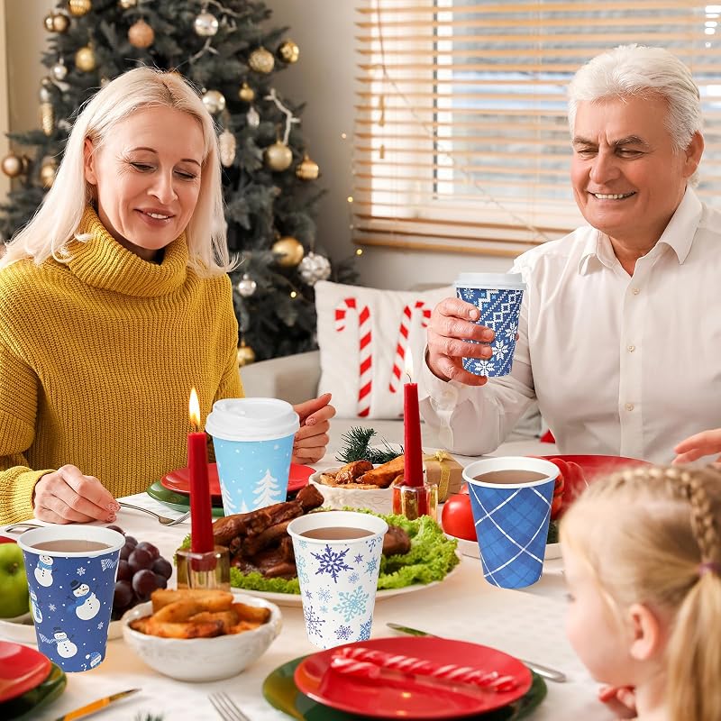 Blue Winter 12oz Christmas Coffee Cups with Lids - 100 Pack, 5 Styles