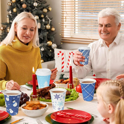 Blue Winter 12oz Christmas Coffee Cups with Lids - 100 Pack, 5 Styles