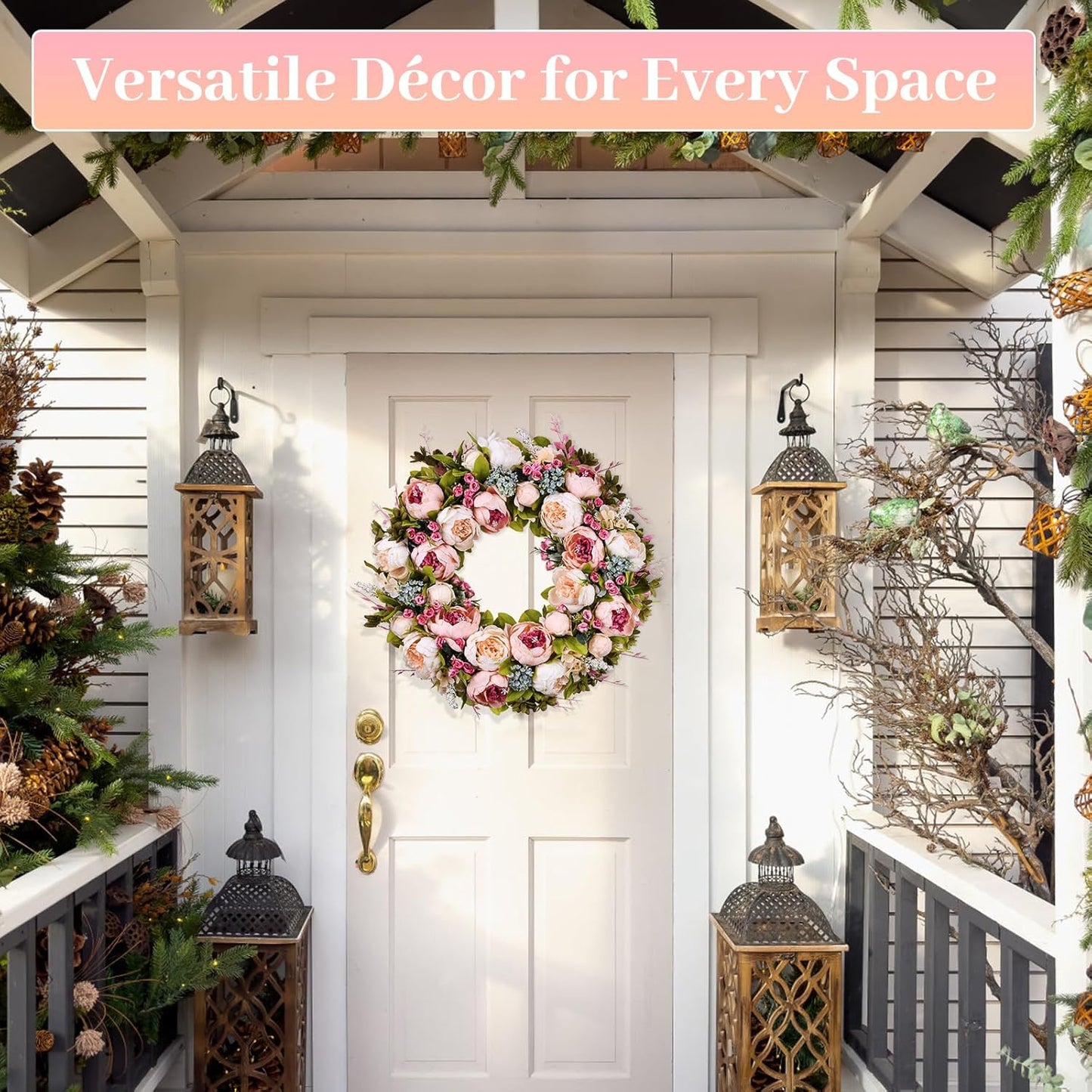 Peony Rose Spring Wreath by [Brand Name] - 22 Inch Handmade Floral Decor for Front Door & Windows