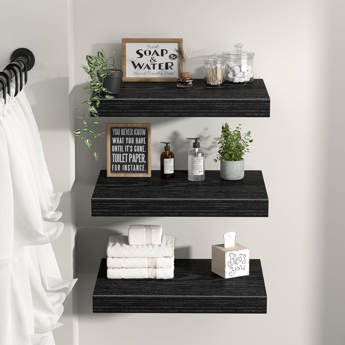 QEEIG Floating Shelves - 12" Deep Wall-Mounted Bookshelf Set of 3 for Bathroom, Kitchen, Living Room - Black