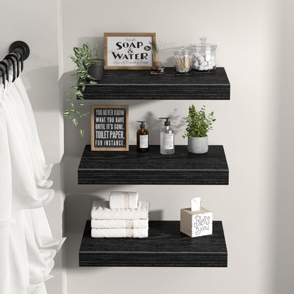 QEEIG Floating Shelves - 12" Deep Wall-Mounted Bookshelf Set of 3 for Bathroom, Kitchen, Living Room - Black