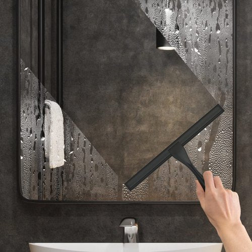 All-Purpose Stainless Steel Shower Squeegee for Shower Glass Door with Adhesive Hook, Bathroom Cleaner Tool Household Window Mirror Squeegee for Glass Doors, Cleaning Tile Wall, Car, 12 inch, Black