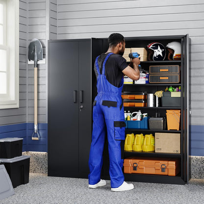 Yizosh Metal Storage Cabinet - 72" Lockable Garage Storage with 2 Doors & 5 Adjustable Shelves, Black Steel