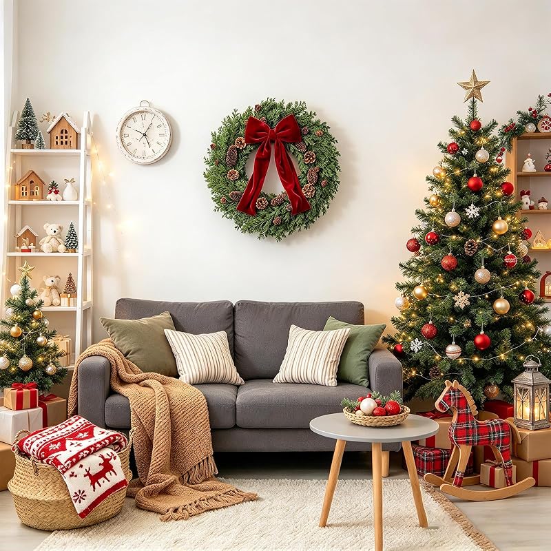 Christmas Wreath 24 Inch Front Door Artificial Pine Needle with Red Bow Pinecones