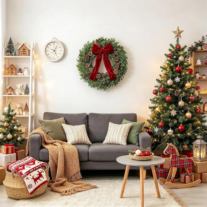 Christmas Wreath 24 Inch Front Door Artificial Pine Needle with Red Bow Pinecones