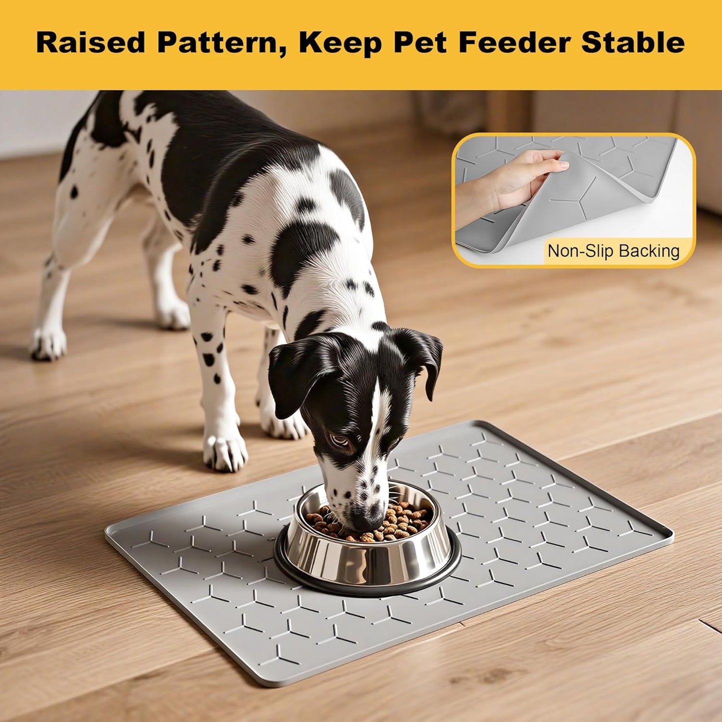 Pieviev Dog & Cat Food Bowl Mat - Waterproof Silicone with High Raised Edge | 24''x16'', Light Gray