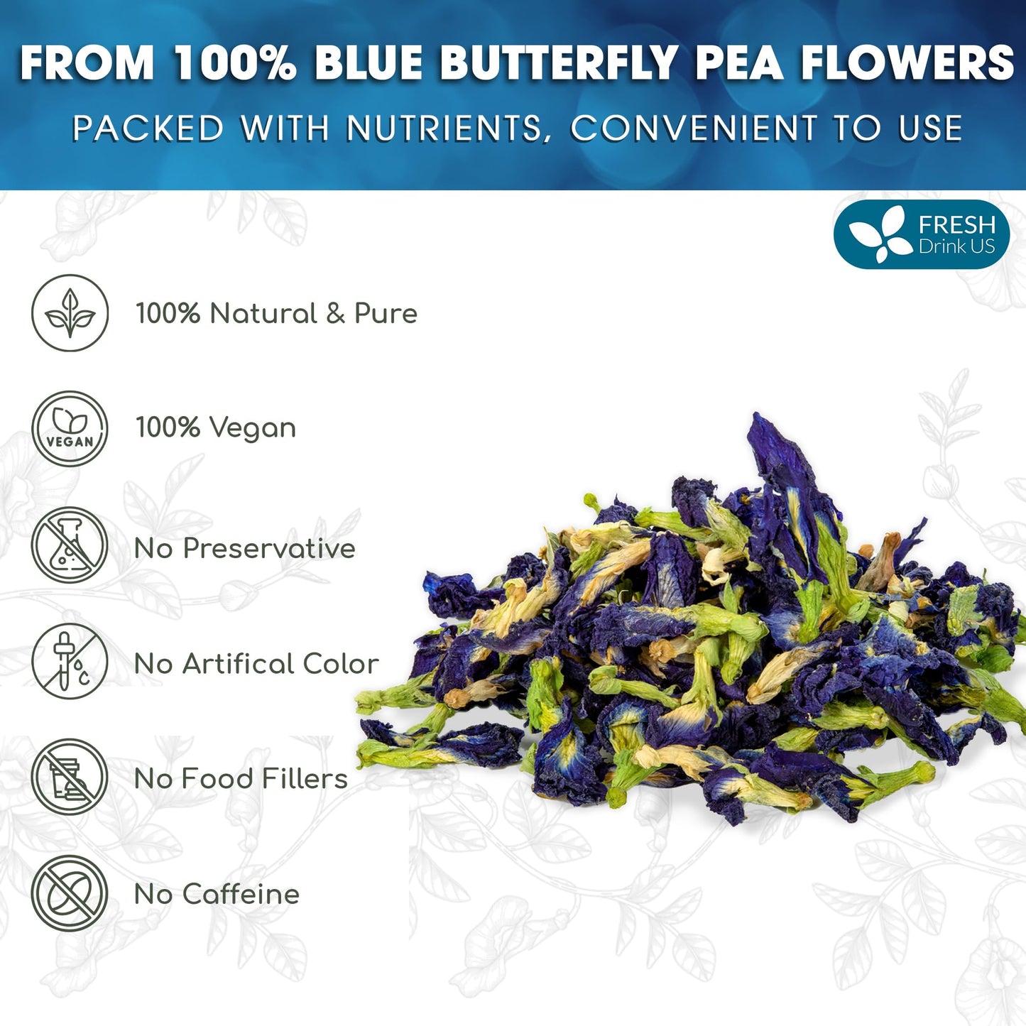 FreshDrinkUS, Premium 6oz Butterfly Pea Flowers, 100% Natural & Pure from Whole Blue Butterfly Pea Flowers, Wildcrafted, Dried Blue Butterfly Pea Flowers Herbal Tea, No Gluten, Vegan