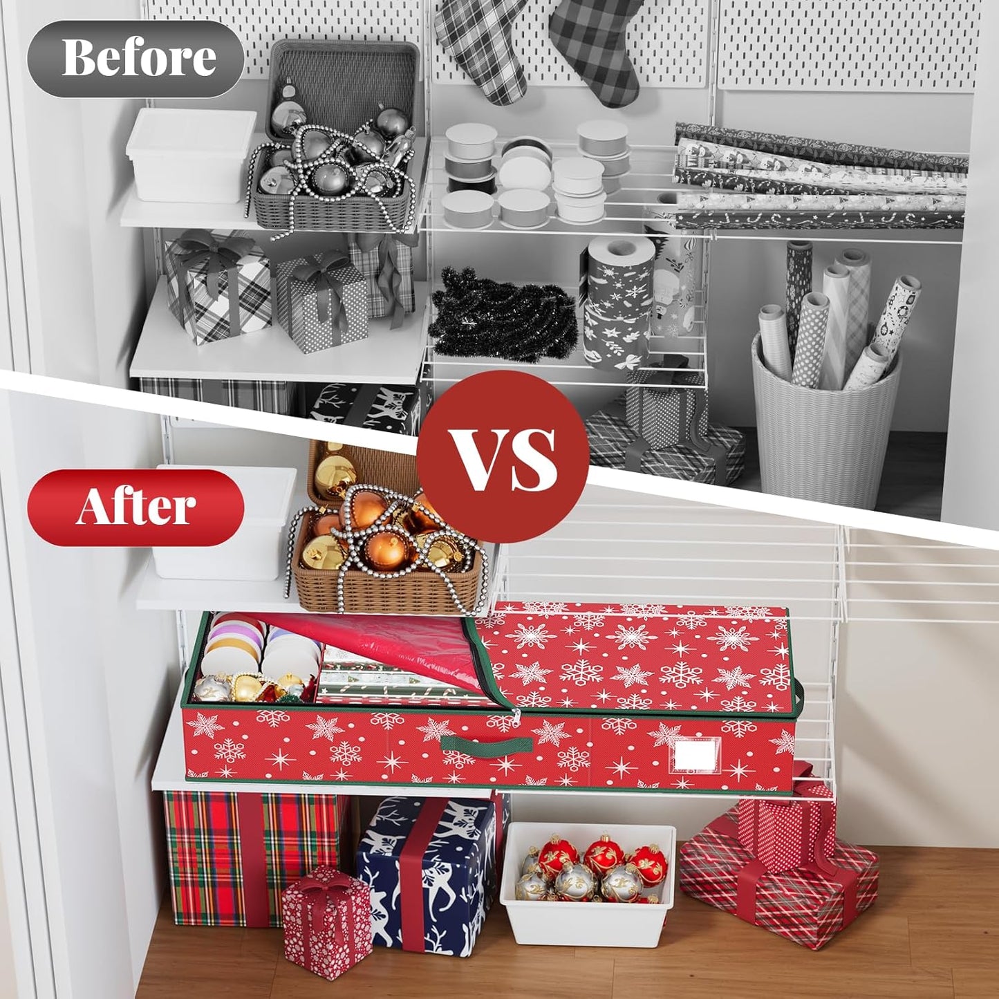 StorageRight Wrapping Paper Organizer - Holiday Gift Wrap Storage Box for Snowflake/Red Ornaments