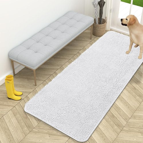 OLANLY Dog Door Mat for Muddy Paws 59x24, Absorbs Moisture and Dirt, Absorbent Non-Slip Washable Doormat, Quick Dry Chenille Mud Mat for Dogs, Entry Indoor Entryway Carpet for Inside Floor, White