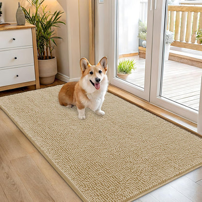 OLANLY Dog Door Mat - Absorbent Non-Slip Chenille Mat for Muddy Paws | 54x32 Inches, Quick Dry, Beige