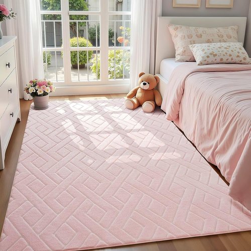 Macgace Ultra Soft Pink Area Rug - Modern Geometric Shag for Girls' Bedroom | 4x6 Washable Nonslip Carpet