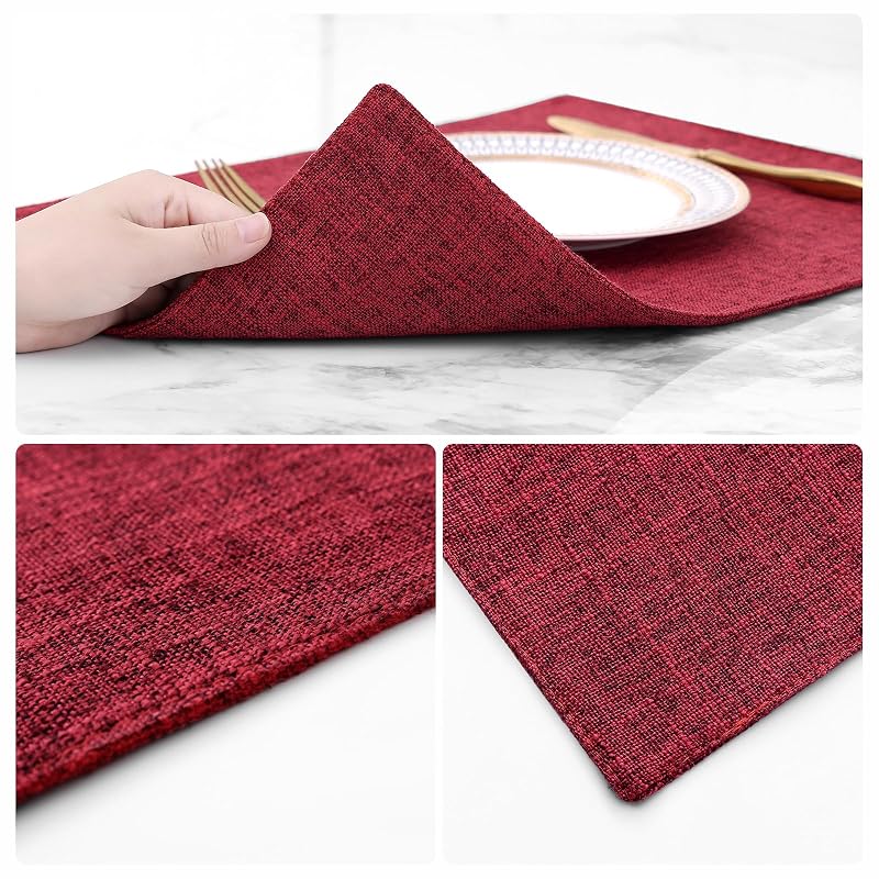 Red 6-Piece Faux Linen Placemats Set 13x19 inches – Heatproof, Easy Care