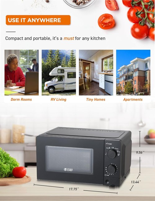 Commercial Chef 0.6 Cu. Ft. Countertop Microwave Oven - 700W Power, Mechanical Dial Controls, Black