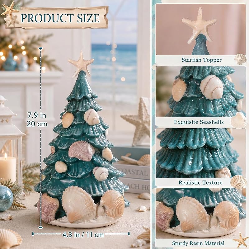 Coastal Christmas Tree Decor - 7.9'' Seashell Resin Tabletop Holiday Figurine