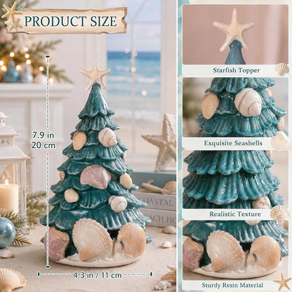 Coastal Christmas Tree Decor - 7.9'' Seashell Resin Tabletop Holiday Figurine