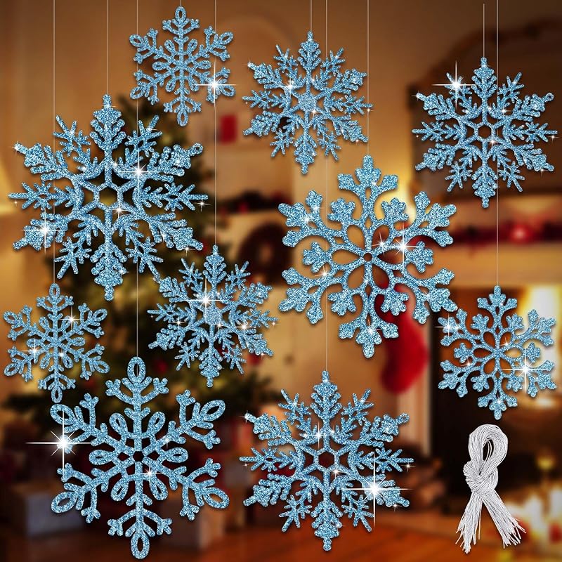 8pcs Large Snowflake Ornaments – Blue, Plastic Glitter Hanging Snowflakes for Christmas Tree & Winter Decor (Variation: 8pcs, Blue)