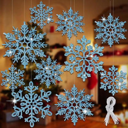 8pcs Large Snowflake Ornaments – Blue, Plastic Glitter Hanging Snowflakes for Christmas Tree & Winter Decor (Variation: 8pcs, Blue)
